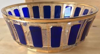 Antique Moser Bohemian Czech Glass Facetted Blue & Gold 8&7/8 " Bowl
