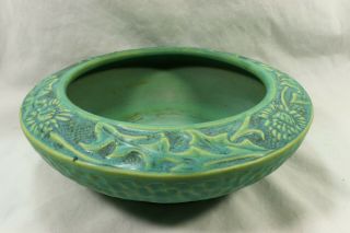 1920 ' s Weller Pottery Breton Pattern Blue Green w/ Yellow Highlight Console Bowl 2