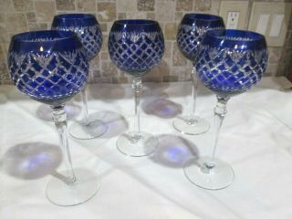 Set Of 5 Bohemian Style Cobalt Blue Cut To Clear Glass Wine Glasses 9 "