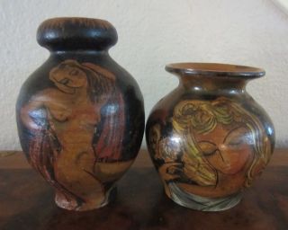 Pair,  (2) Vtg,  Antique Redware Pottery Vases Painted Ladies,  1 Nude,  Estate Find