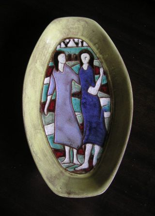 Harris G.  Strong Mid Century Modern Pottery Tile Tray Two Women