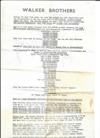 Bob Wooler Signed 1965 Walker Brothers Tower Ballroom Concert Handbill.  Unique.
