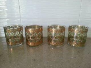 Set of 8 Vintage Culver Valencia 22K Gold & Green Lowball / Rocks Glasses - MCM 2