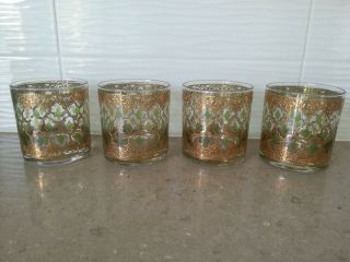 Set of 8 Vintage Culver Valencia 22K Gold & Green Lowball / Rocks Glasses - MCM 3