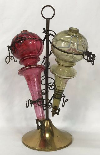 Antique Early 20th C Oil & Vinegar Painted Cranberry & Yellow Glass Cruet Set