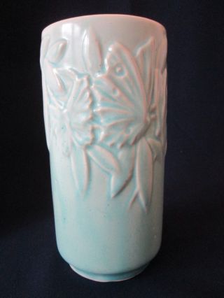 Cylinder Vase Vintage Nelson Mccoy Art Pottery Butterfly Pattern Green Matte Ex