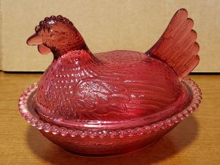 Rare Vintage Indiana Glass Hen On Nest Candy Dish Raspberry Red Glass 7 " X 5 "