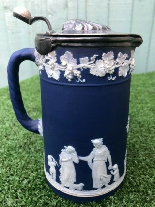 19thc Wedgwood Jasperware Blue Pitcher Or Jug With Pewter Lid C1880s