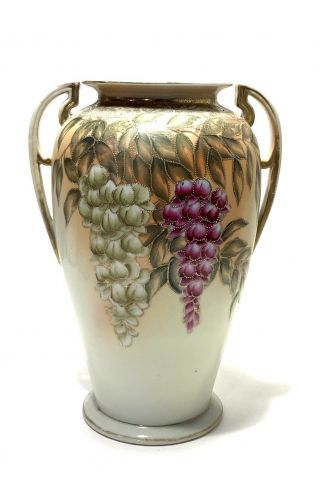 Antique Imperial Nippon Japan Hand Painted Jeweled Large Porcelain Grape Vase