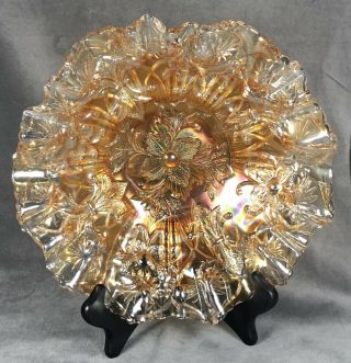 Vintage Millersburg Radium Carnival Glass Marigold Fleur De Lis 3/1 Edge Bowl