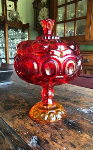 Large Viintage L.  E.  Smith Amberina Red Moon & Stars Covered Compote 12” Tall