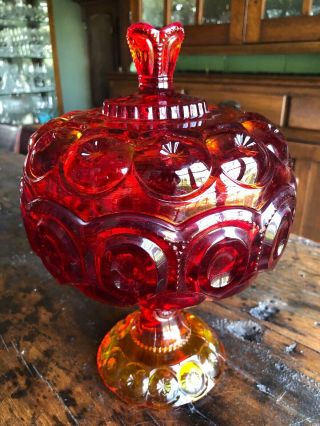 LARGE Viintage L.  E.  Smith Amberina Red Moon & Stars Covered Compote 12” Tall 2