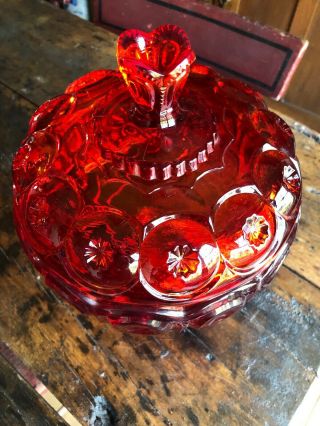 LARGE Viintage L.  E.  Smith Amberina Red Moon & Stars Covered Compote 12” Tall 4