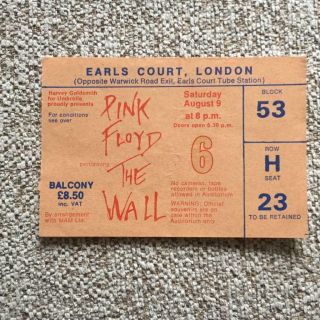 Pink Floyd Earls Court Ticket The Wall 09/08/80 No H23