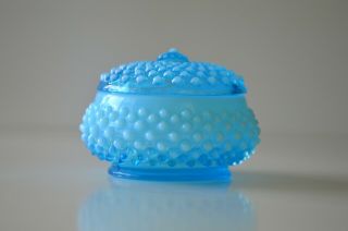 Vintage And Rare Opalescent Blue Hobnail Candy Bowl With Lid