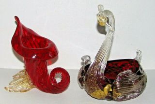 Ruby Red Murano Italy Venetian Glass Cornucopia & Swan Bowl Aventurine