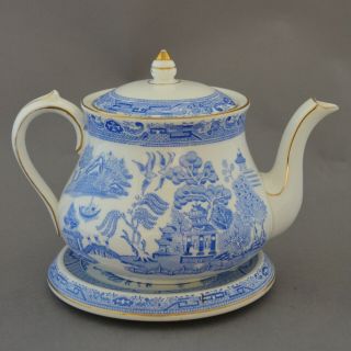Antique Earthenware Blue Willow Teapot & Stand By S.  Hancock Royal Corona Ware