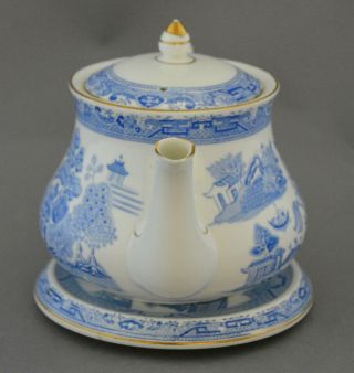 Antique Earthenware Blue Willow Teapot & Stand by S.  Hancock Royal Corona Ware 2