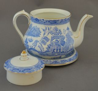 Antique Earthenware Blue Willow Teapot & Stand by S.  Hancock Royal Corona Ware 4