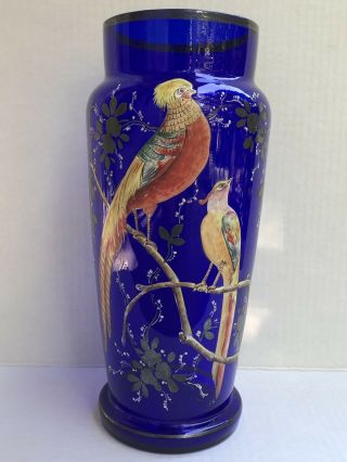 Antique Signed Czechslovakia Cobalt Blue & Enamel Birds Vase 11” Tall