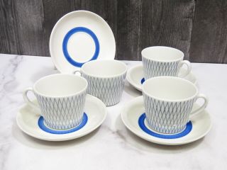 Set Of 4 Upsala Ekeby Gefle Sweden Tea Cups And Saucers Blue Diamonds Mcm
