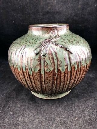 Roycroft Pottery Dragonfly Vase Signed Janice Mcduffie 6 " Arts & Craft