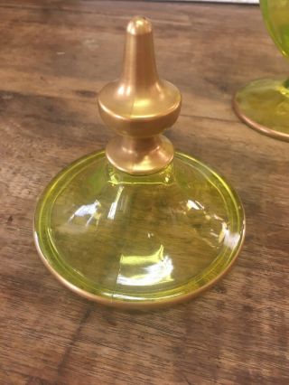 antique 1920s Art Deco Vasline Glass Candy Dish With Lid And 22k Gold Filgree 6