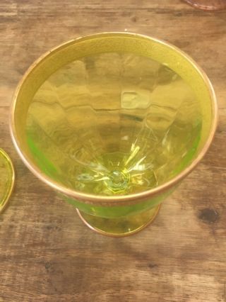 antique 1920s Art Deco Vasline Glass Candy Dish With Lid And 22k Gold Filgree 8