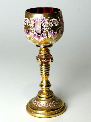 Antique Moser Gilt Pink Glass Hand Painted Enamel Wine Glass Goblet Knop Prunt