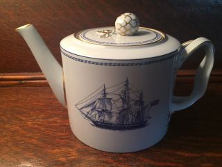 Spode Trade Winds Teapot Erin Of Salem Ship Blue White Gold Leaf Ships Of Salem