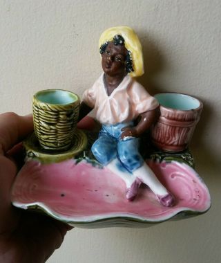 Antique German Majolica Black Americana Figural Match Holder Smoke Stand
