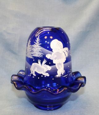Fenton,  Fairy Light,  Cobalt Blue Glass,  Mary Gregory,  Hand Decorated. 2