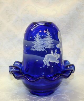 Fenton,  Fairy Light,  Cobalt Blue Glass,  Mary Gregory,  Hand Decorated. 7