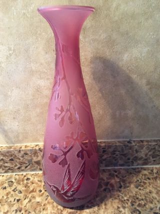 Kelsey Pilgrim Cranberry Art Glass Cameo Hummingbird Vase Signed