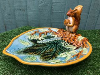 19thc Majolica Dish With Leaf Decoration,  Seated Squirrel To Edge C1890s