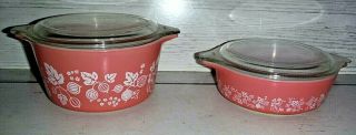 2 Vintage Pyrex Pink Gooseberry Casserole Dishes W/ Lids 471 1 - Pt 473 1 - Qt