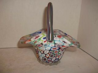 Stunning Murano Italy Millefiori Satin Frosted Glass Basket Mosaic Flowers Mcm