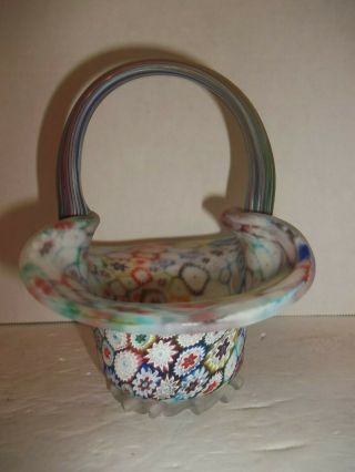 STUNNING MURANO ITALY MILLEFIORI SATIN FROSTED GLASS BASKET MOSAIC FLOWERS MCM 3