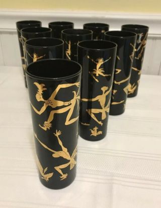 Mid Century Federal Glass Glasses Tumblers Black Gold Native Dancers Set Of 10