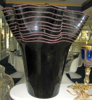 14 " X 13 " Purple & Black Murano Label Venetian Italian Hand Blown Art Glass Vase