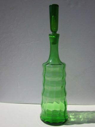 Vtg Odd Blenko Green Hoizontal & Vertical Ribbed Large Bottle & Stopper Set