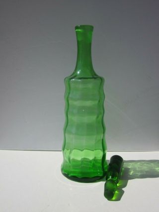 VTG Odd Blenko Green Hoizontal & Vertical Ribbed Large Bottle & Stopper Set 2