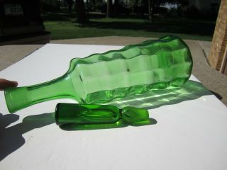 VTG Odd Blenko Green Hoizontal & Vertical Ribbed Large Bottle & Stopper Set 5