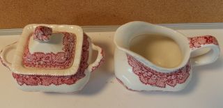 Mason ' s VISTA Pink Red Sugar Bowl and Creamer Set 2