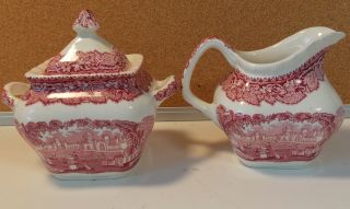Mason ' s VISTA Pink Red Sugar Bowl and Creamer Set 4