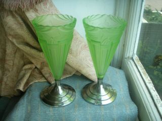 Old Antique Art Deco Uranium Frosted Green Glass Pair Vases Chrome Baes C.  1930s