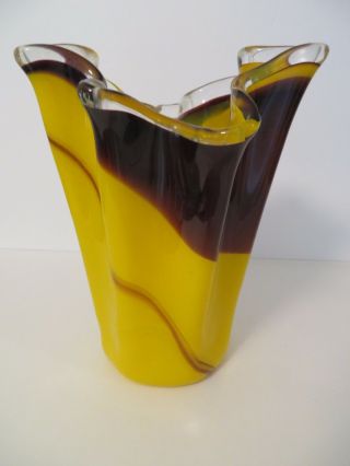 Amber/yellow/clear,  Fazzoletto/handkerchief Glass Vase,  Josefina?,  Murano?,  Vg.