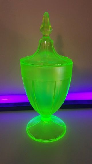 Fenton Vaseline Uranium Yellow Glass Footed Covered Candy Jar 10 "