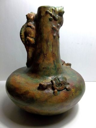 Vintage Folk Art Pottery Vase Iguana Turtle Tree Frog Signed Water Jug