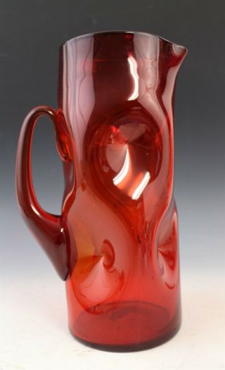 Vintage Mid Century Modern Blenko American Art Glass Ruby Red Pinch Pitcher